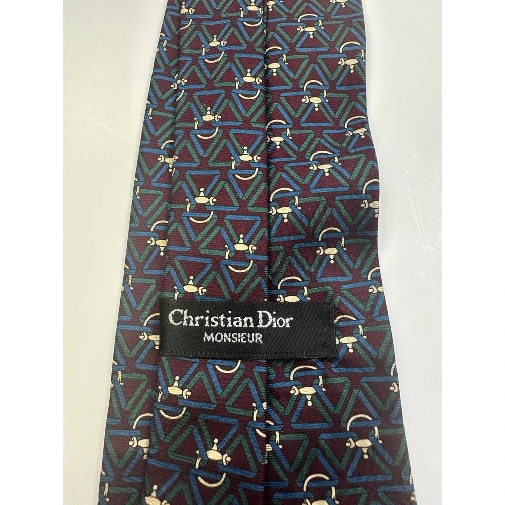 Vintage Christian Dior Geometric Pattern Silk Neck Tie‎ Maroon Link